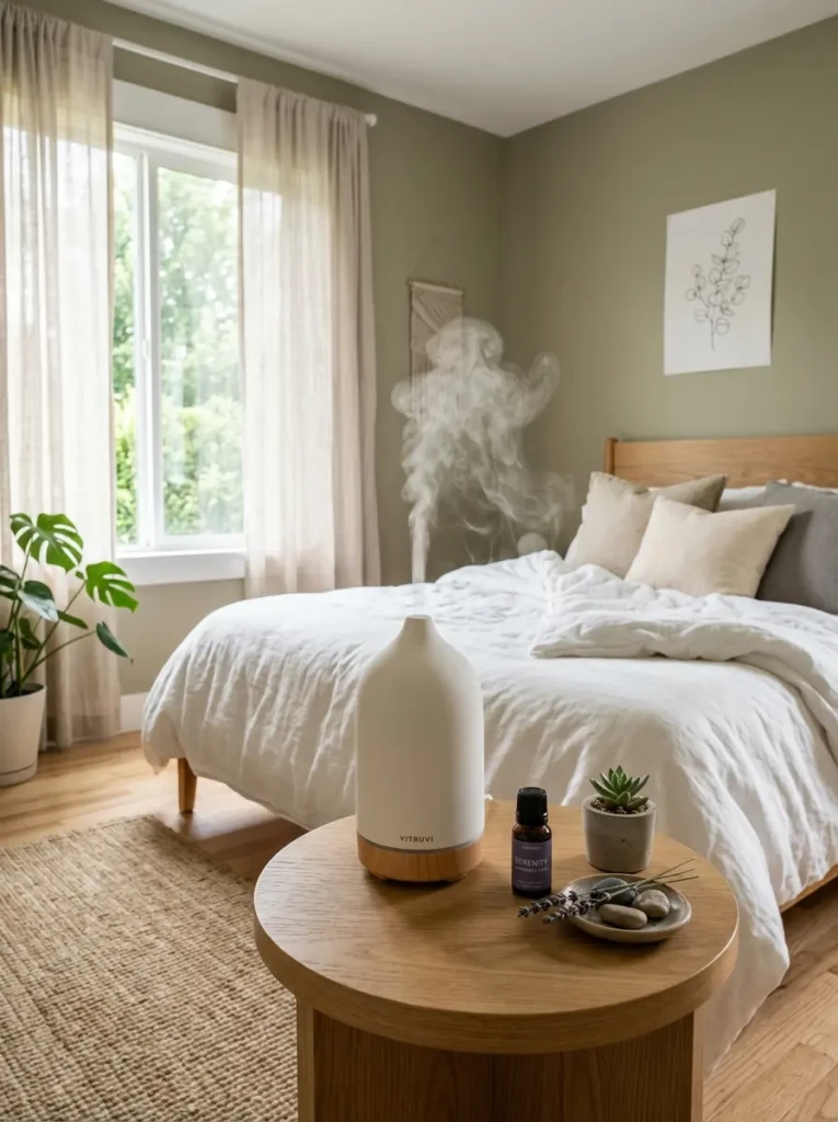 A diffuser releasing soft mist in a serene bedroom creating a spa-like calming environment.