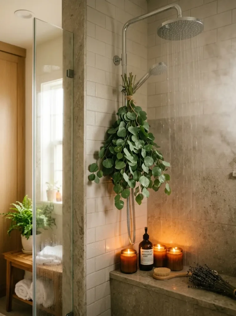Eucalyptus hanging in a steamy shower with candlelight and cozy botanical styling.