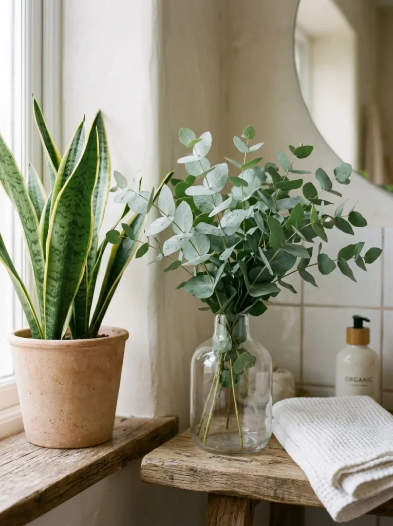 Close-up of eucalyptus or snake plant in a neutral bathroom setting.