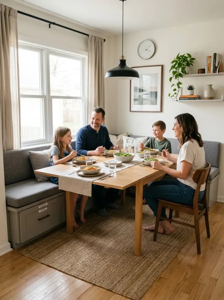 A clean dining area featuring an extendable table and storage bench for a clutter-free design.