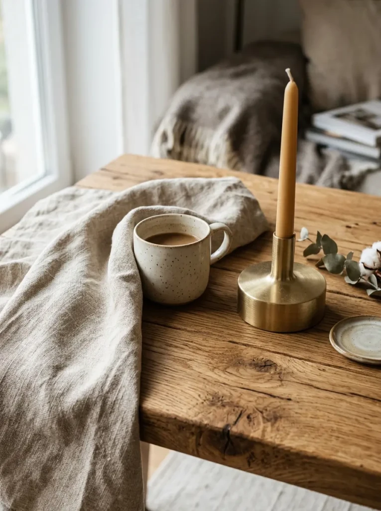 Close-up of different materials like linen, wood, and soft fabrics adding richness to a modern bedroom