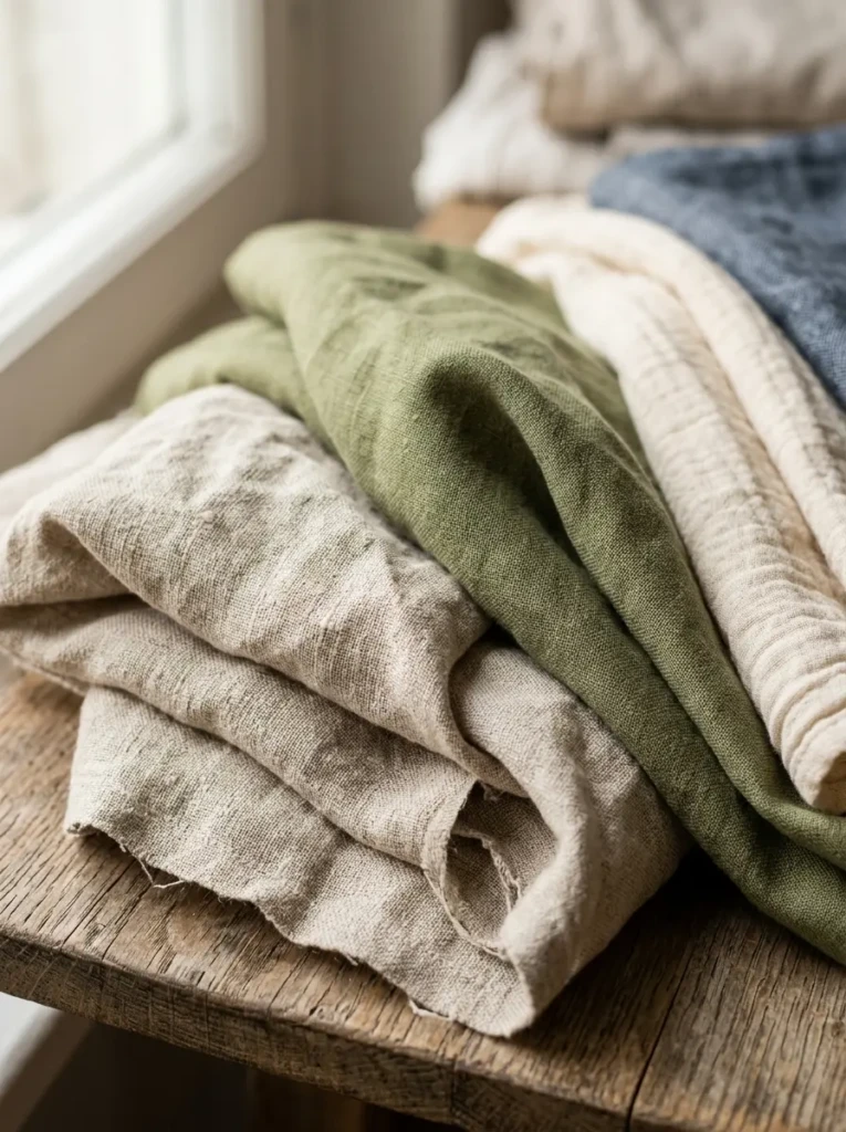 Detailed view of cotton and linen textures in soft neutral tones.