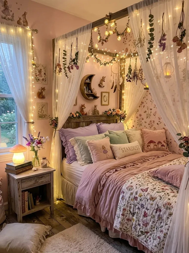 A dreamy fairy-themed bedroom with glowing string lights, sheer canopy curtains, pastel bedding, and floral magical decor.