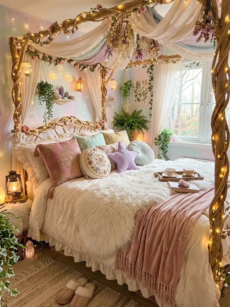 Plush fairy bed with soft duvets, faux fur throws, velvet cushions, and dreamy layered textures.