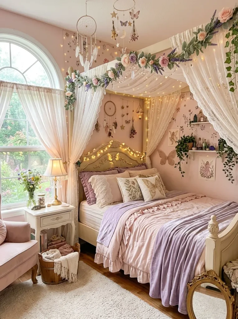 A fairy bedroom decorated in blush pink, lavender, sage green, cream, and gold with soft glowing lights.