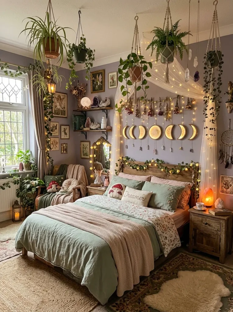 Stylish fairy bedroom for kids and teens with hanging plants, crystal decor, and soft glowing lights.
