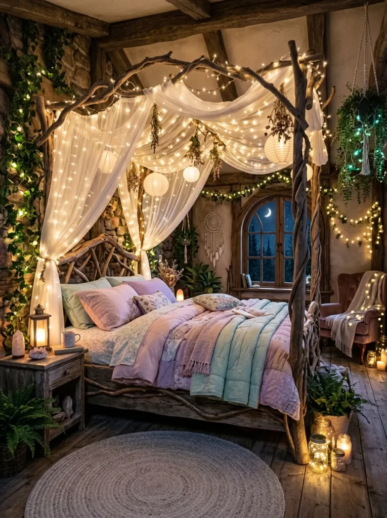 Fully styled enchanted fairy bedroom with pastel bedding, canopy, glowing lights, and serene magical atmosphere.