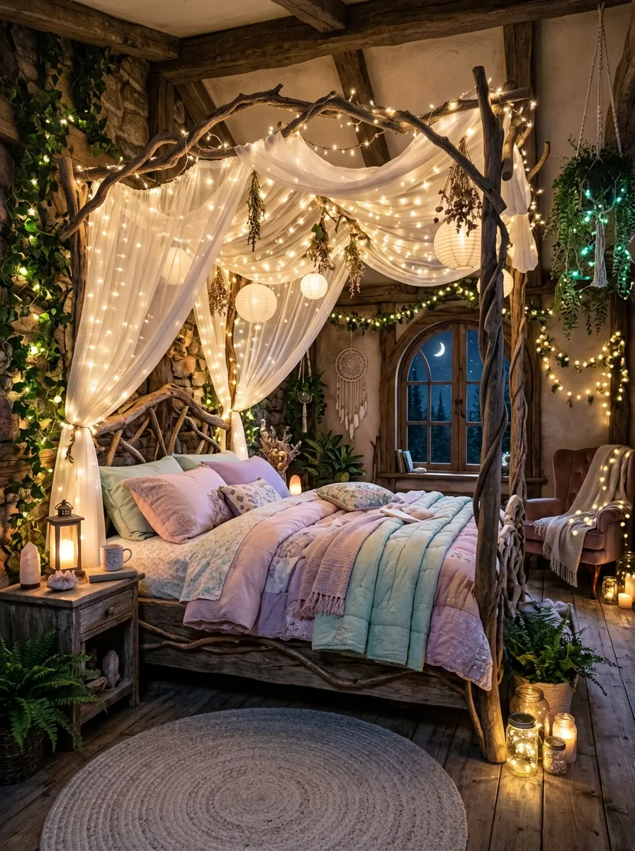 Fully styled enchanted fairy bedroom with pastel bedding, canopy, glowing lights, and serene magical atmosphere.