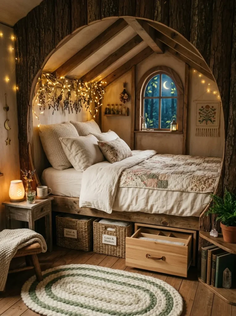 Cozy clutter-free fairy bedroom with decorative baskets, hidden storage, and soft magical lighting.