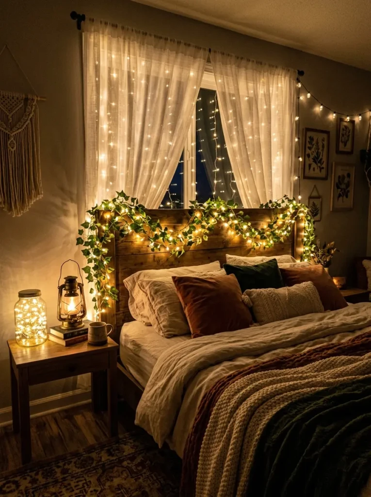Warm fairy lights draped around the bed, woven through vines, and glowing inside jars and lanterns.