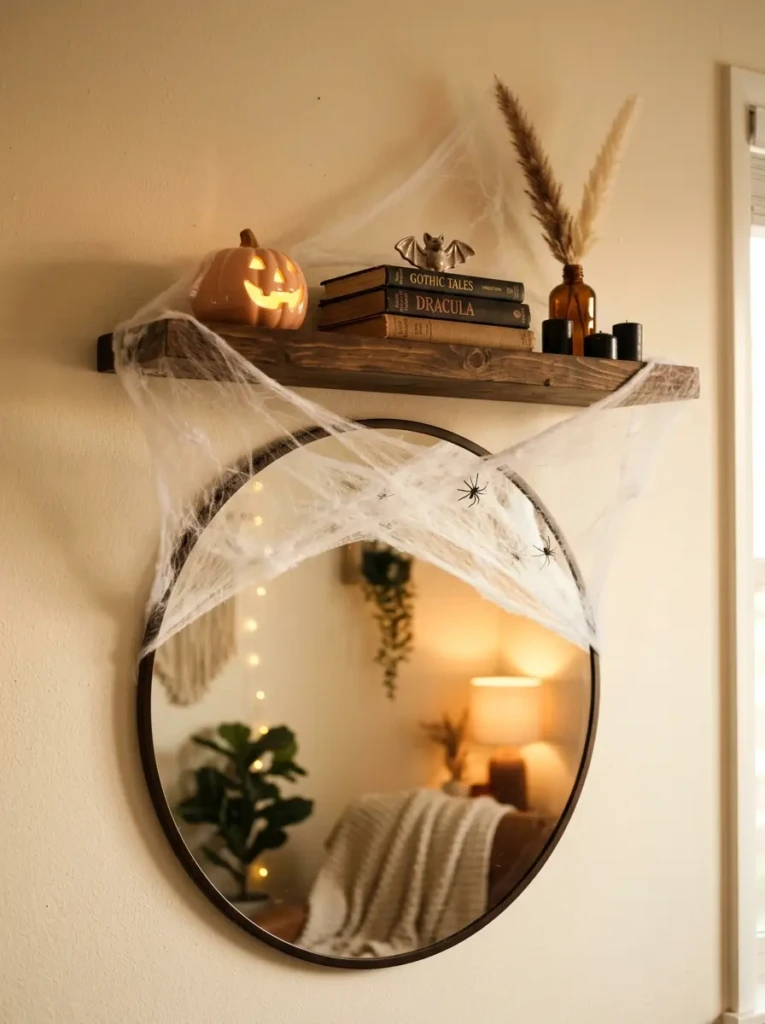 Light fake spiderweb stretched across shelves and mirrors, adding texture to a cozy Halloween interior
