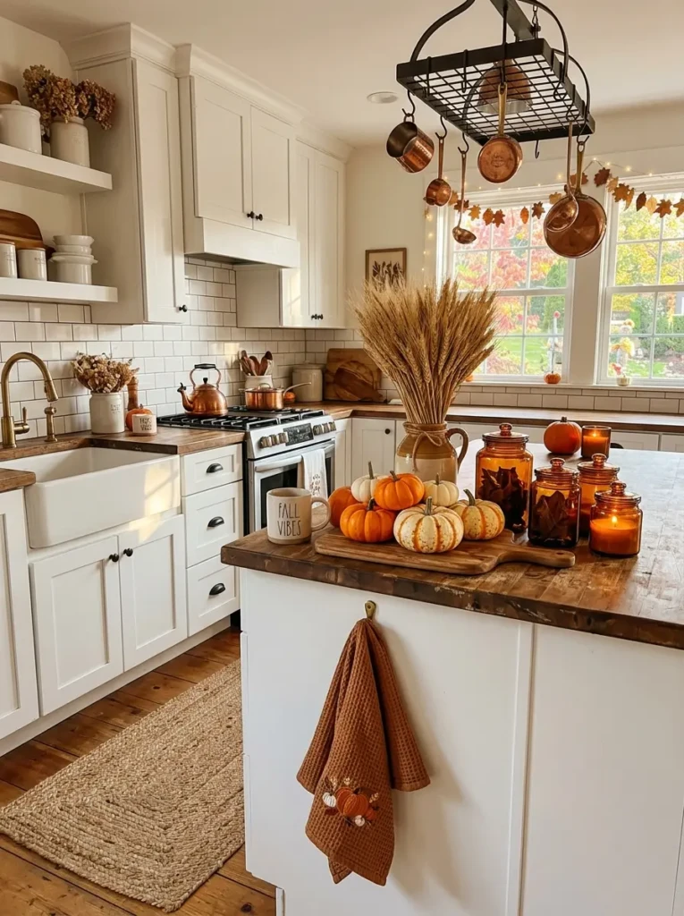 Seasonal fall kitchen decor with mini pumpkins, dried wheat, copper accents, and autumn towels in a white farmhouse kitchen.