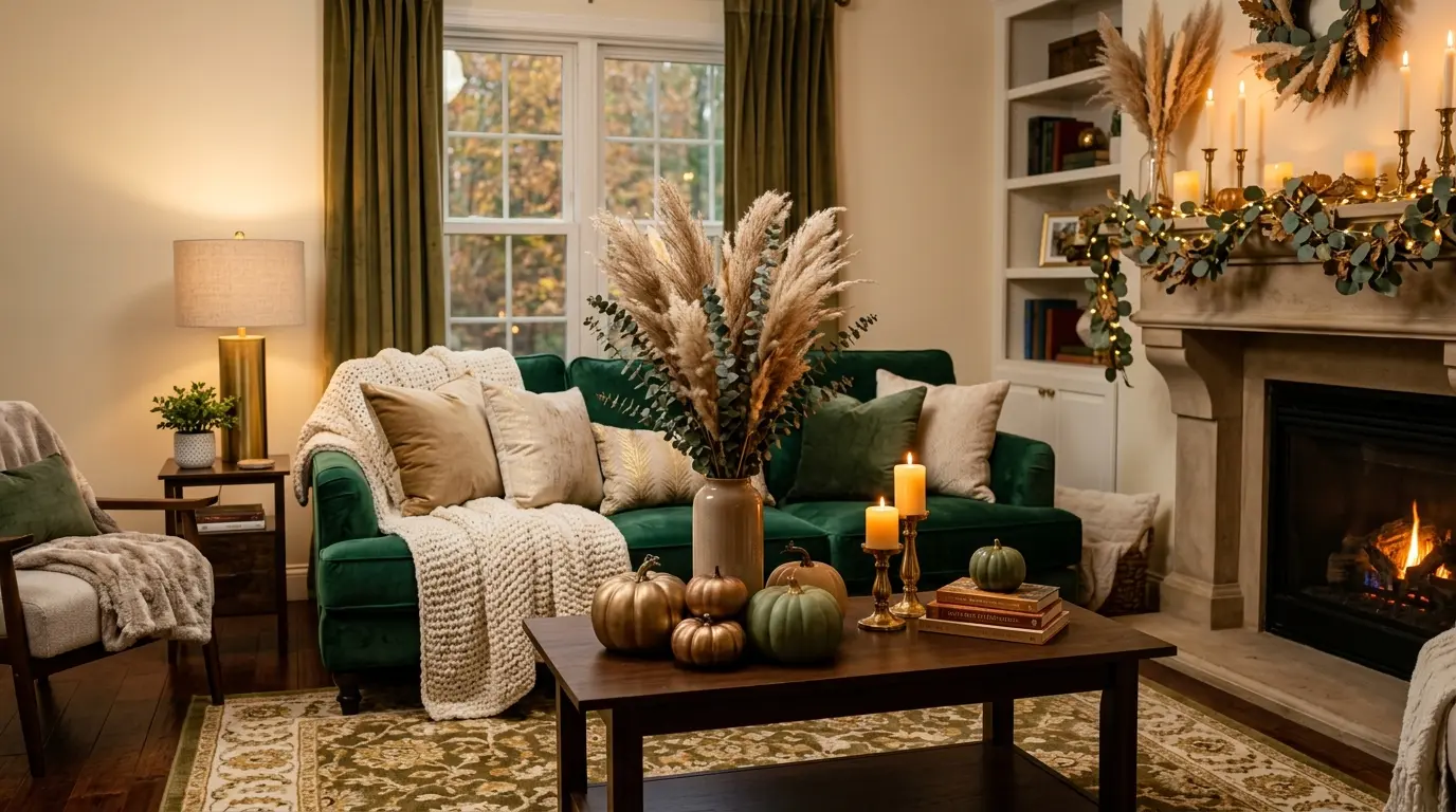 Green and gold living room styled for fall with chunky knit throws, dried pampas grass, candles, and decorative gold pumpkins.