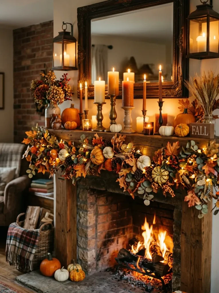Fully styled fall mantle with pumpkins, candles, and garlands glowing warmly