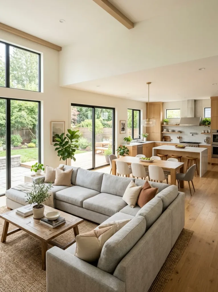 Bright open-concept living room connected to dining and kitchen areas with spacious modern furniture layout.