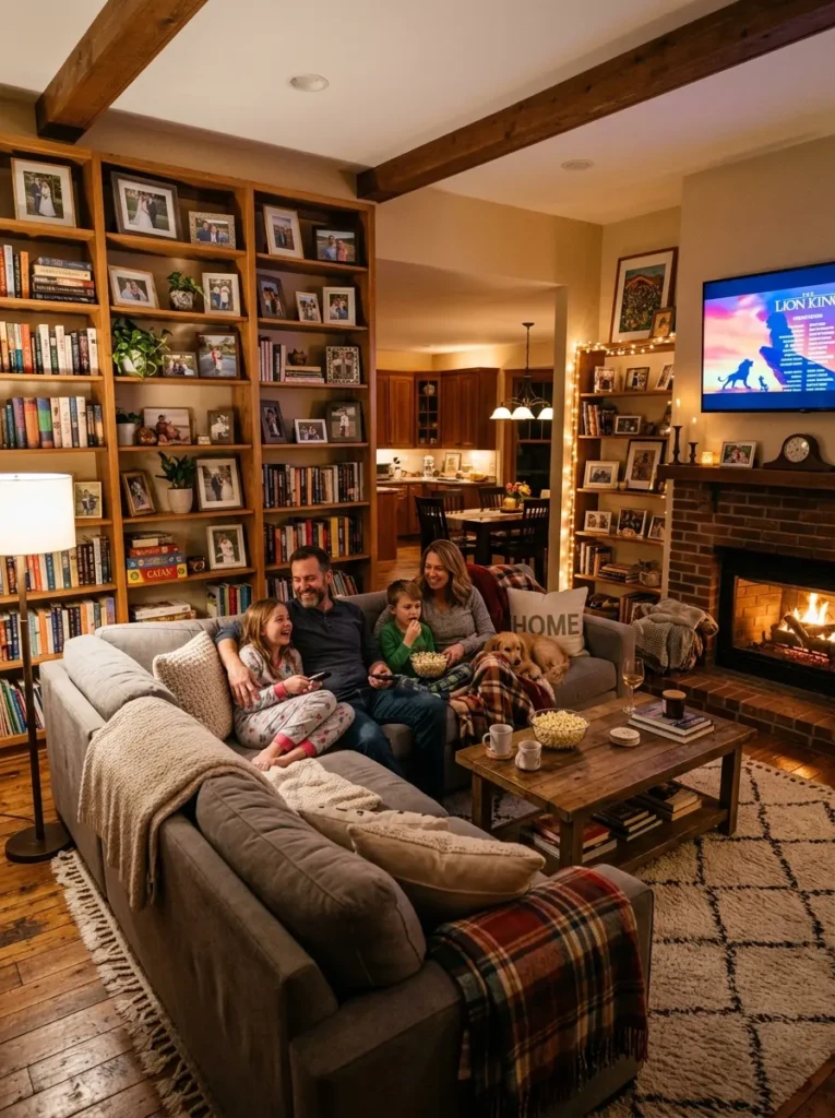 Cozy personalized living room with books, framed photos, sectional seating, and warm family atmosphere.
