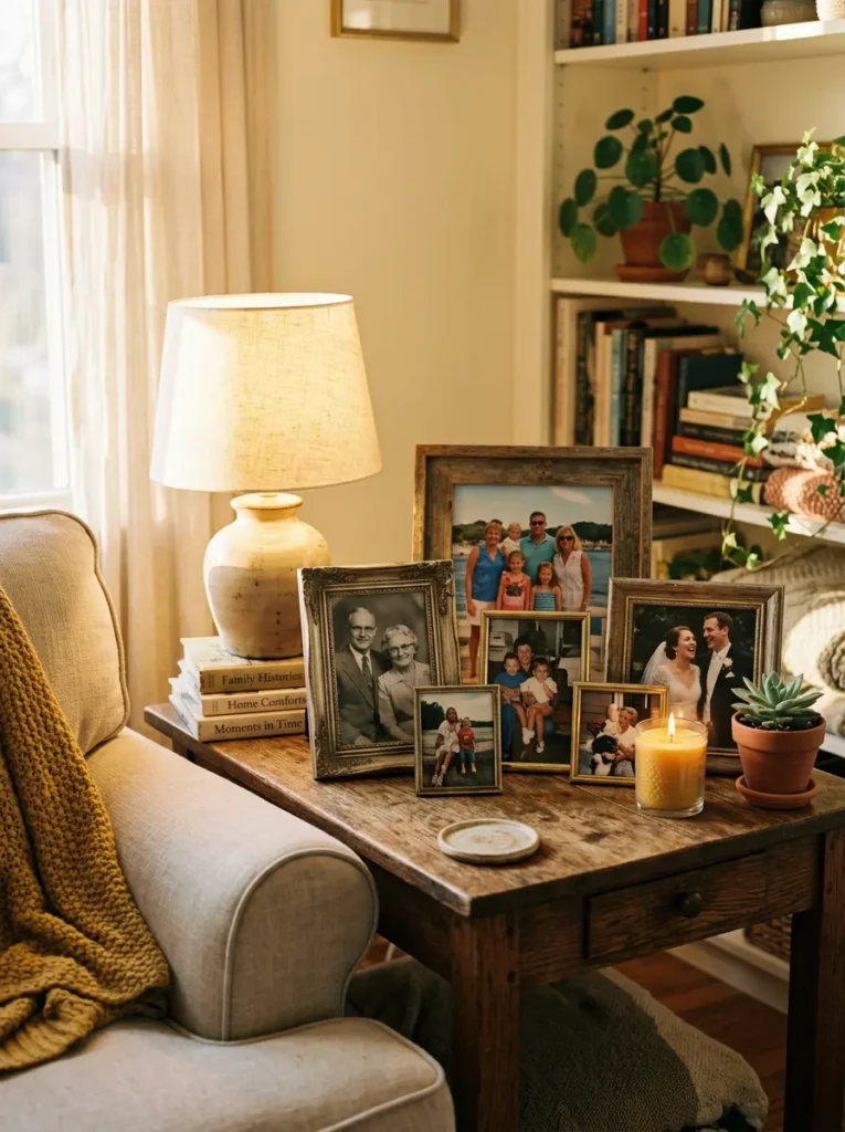 Framed family photos on side table with warm lighting, creating a nostalgic and inviting atmosphere
