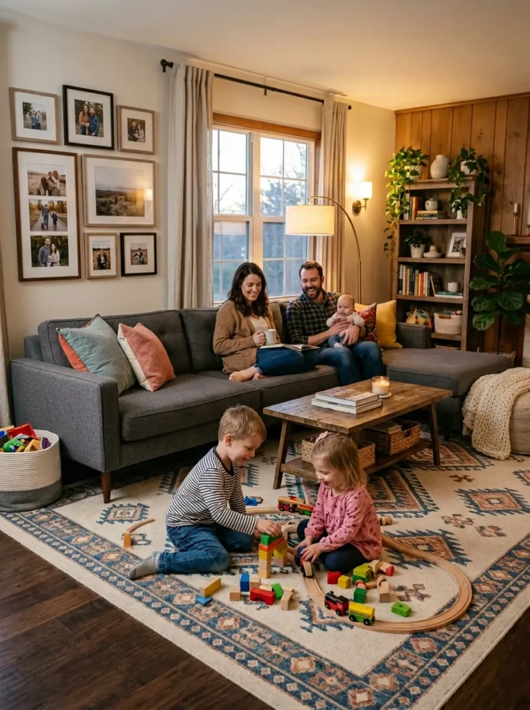 Durable living room rug in a family-friendly seating space with practical furniture and warm décor.