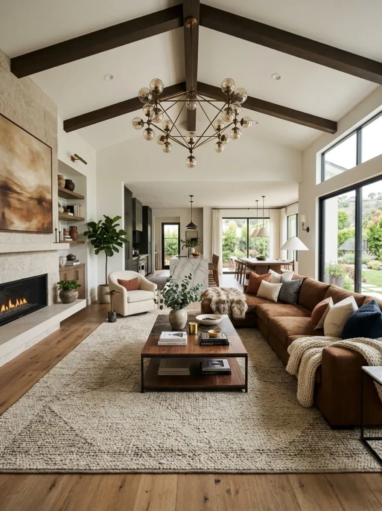 Spacious family room with large brown sectional sofa, oversized rug, statement lighting, and modern coffee table.
