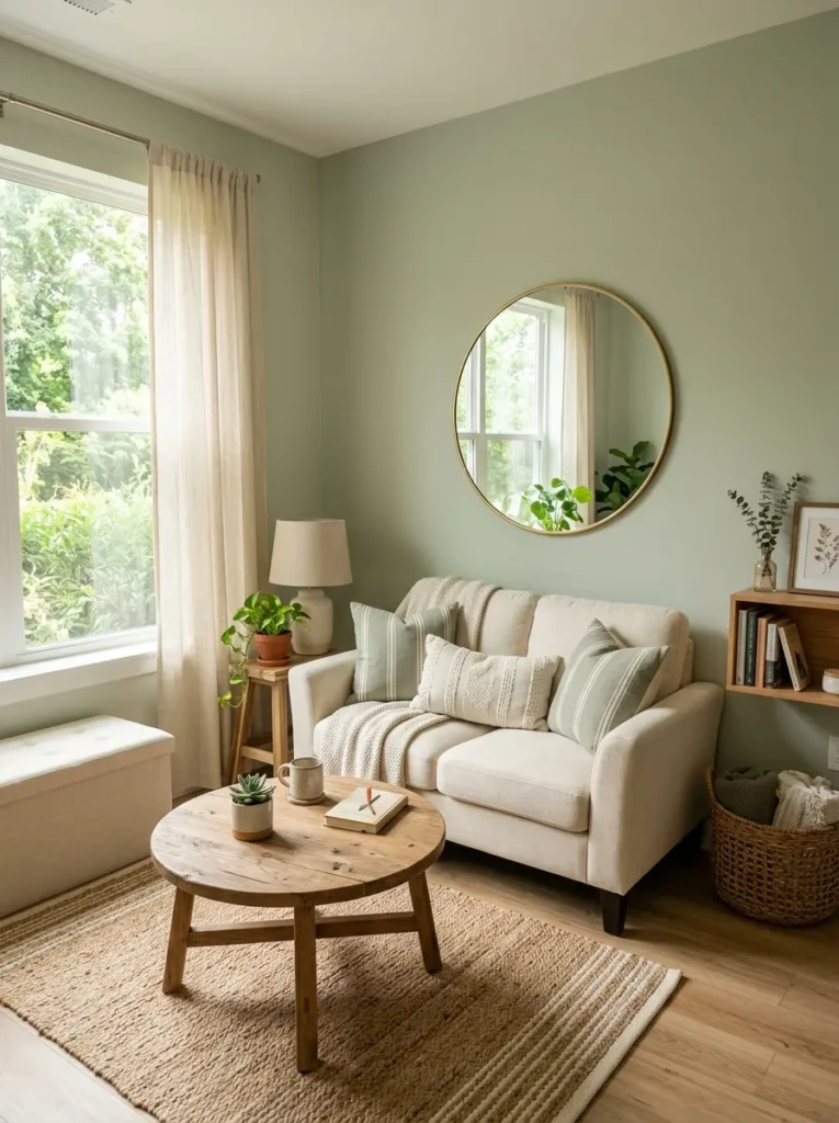 Small apartment farmhouse living room in light sage tones with compact cream loveseat, wood table, airy curtains, and mirror styling.