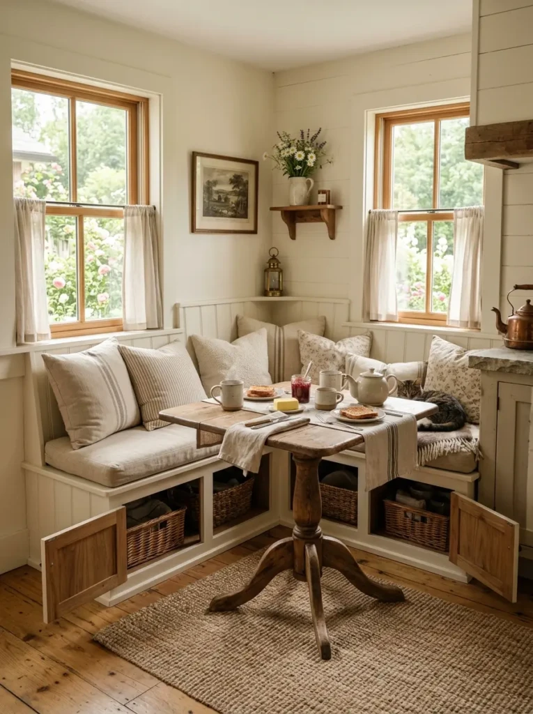 A small farmhouse breakfast nook with bench seating, wooden table, and soft linen cushions.