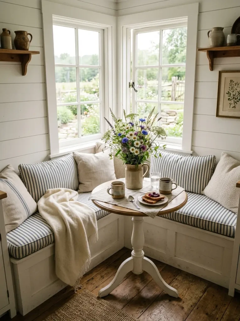 A cozy breakfast nook with striped cushions, pedestal table, flowers, and morning sunlight in a tiny farmhouse kitchen.