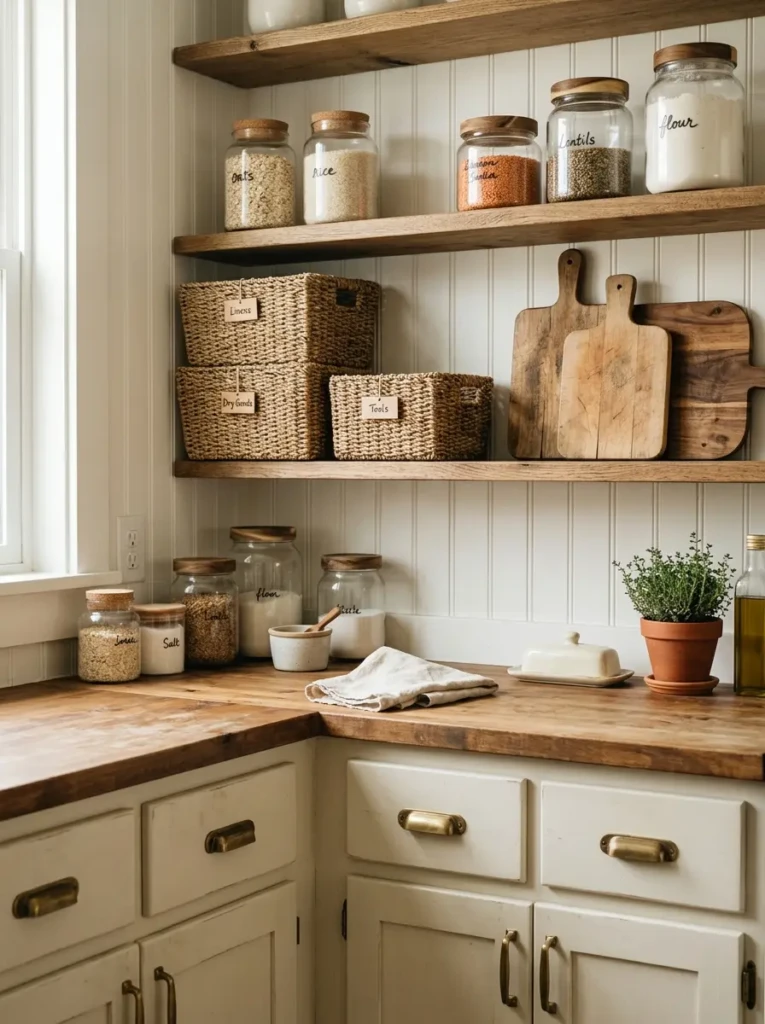 Close-up of creamy white farmhouse cabinets with brass pulls, glass jars, woven baskets, and wood cutting boards.