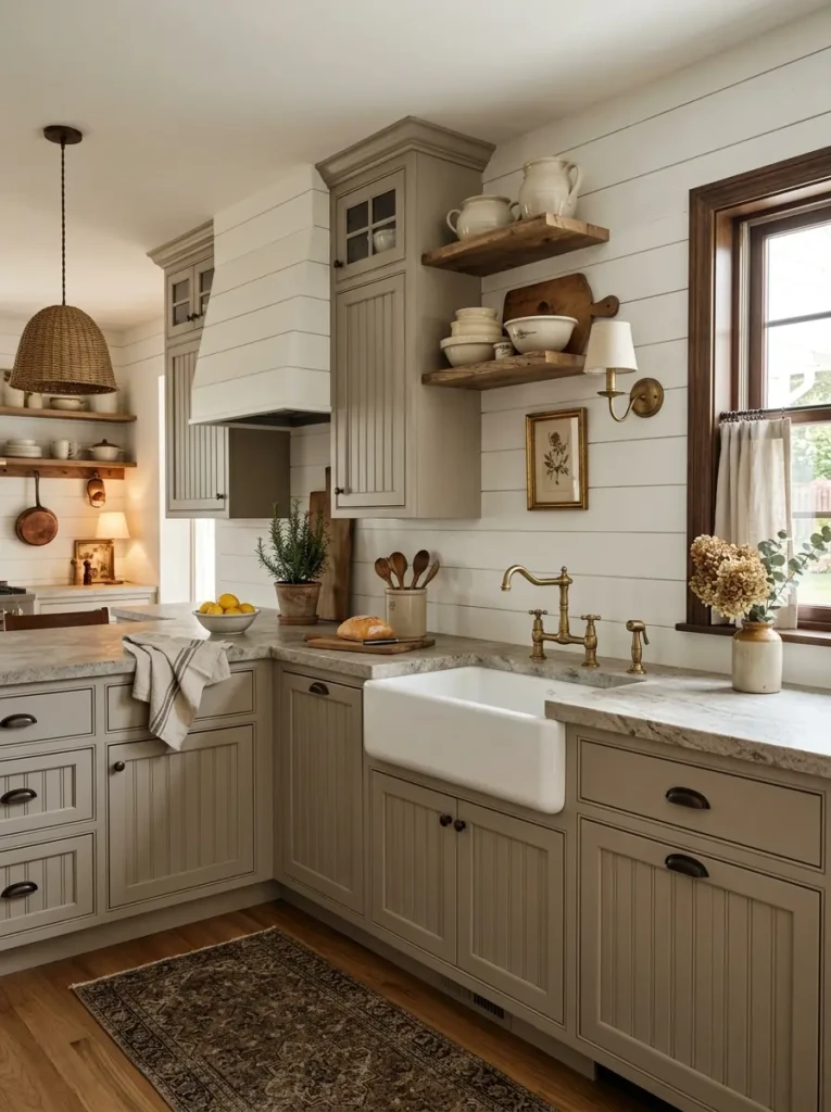 Detailed farmhouse kitchen cabinet styling with greige paint, shiplap walls, stone counters, and antique decor accents.