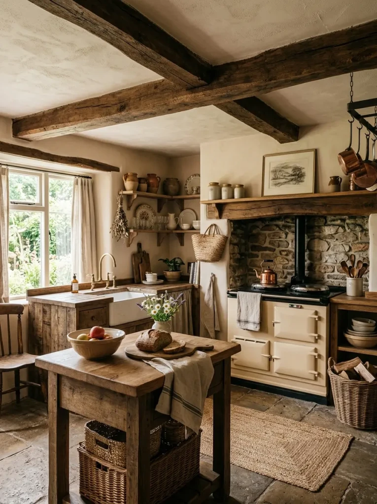 A farmhouse cottage kitchen featuring reclaimed wood beams, stone backsplash, and woven textures.
