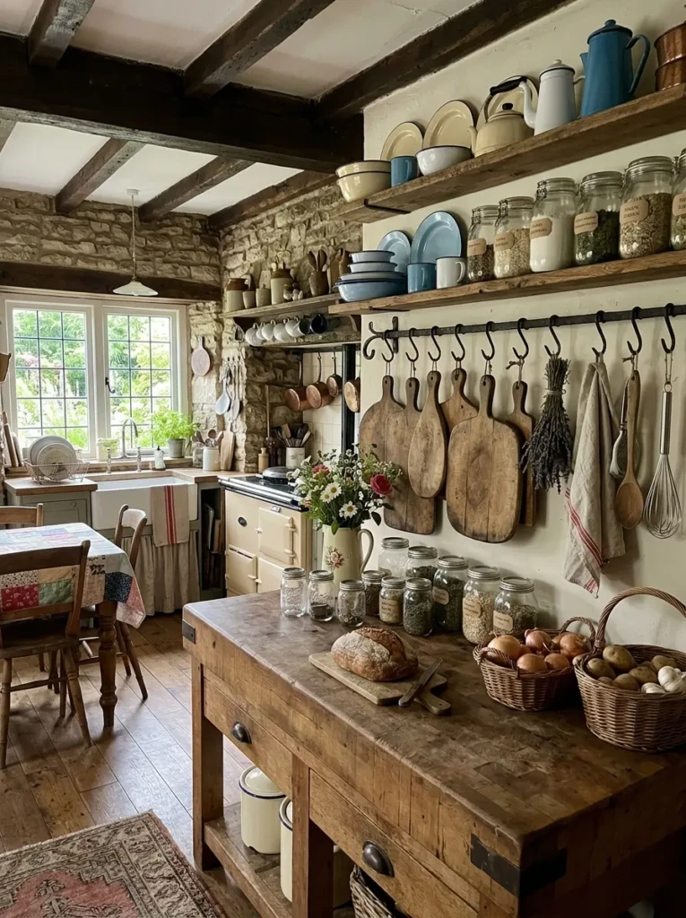 Antique cutting boards, mason jars, enamelware, and woven baskets in a cottage kitchen.