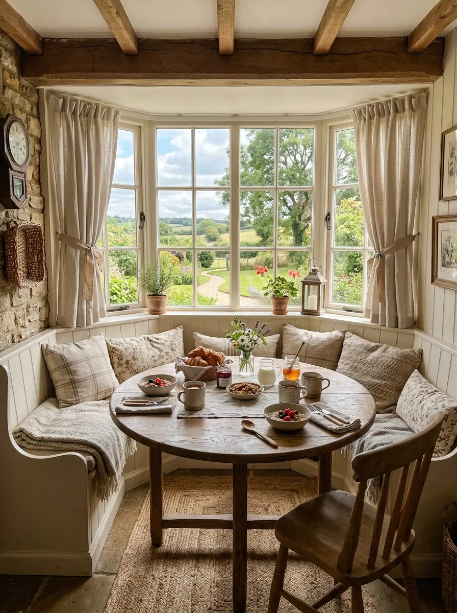 Round farmhouse table placed in a small dining nook with bench seating near a sunny bay window.