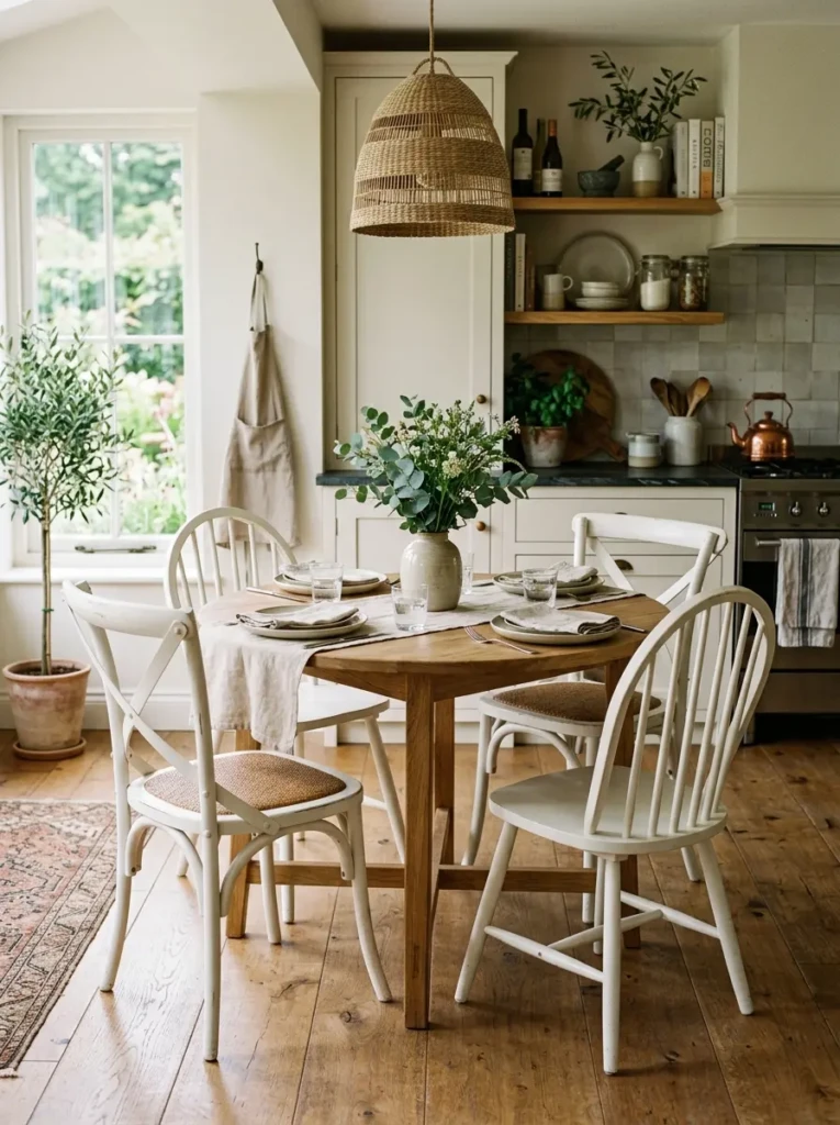 Small round farmhouse table paired with spindle and cross-back chairs in a cozy designer kitchen.