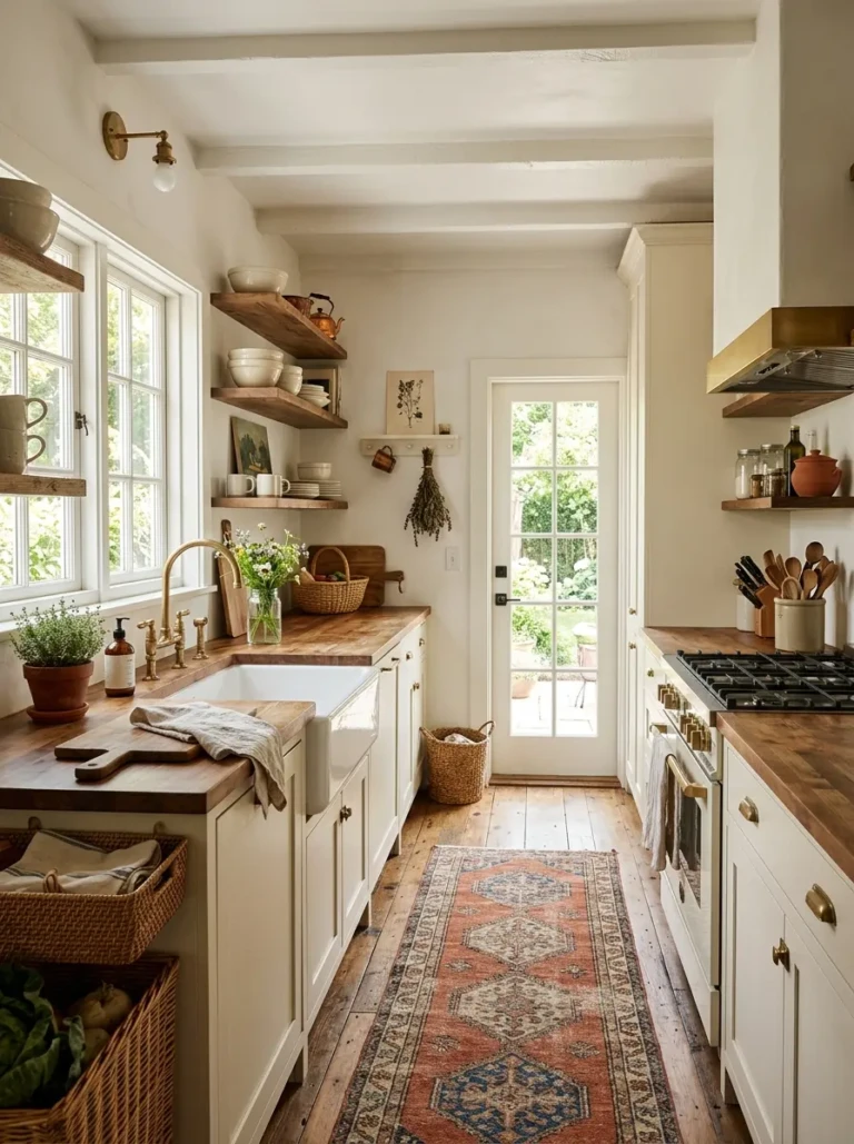 A narrow small farmhouse galley kitchen with creamy cabinets, open shelving, apron sink, and warm wood textures styled to feel airy and inviting.