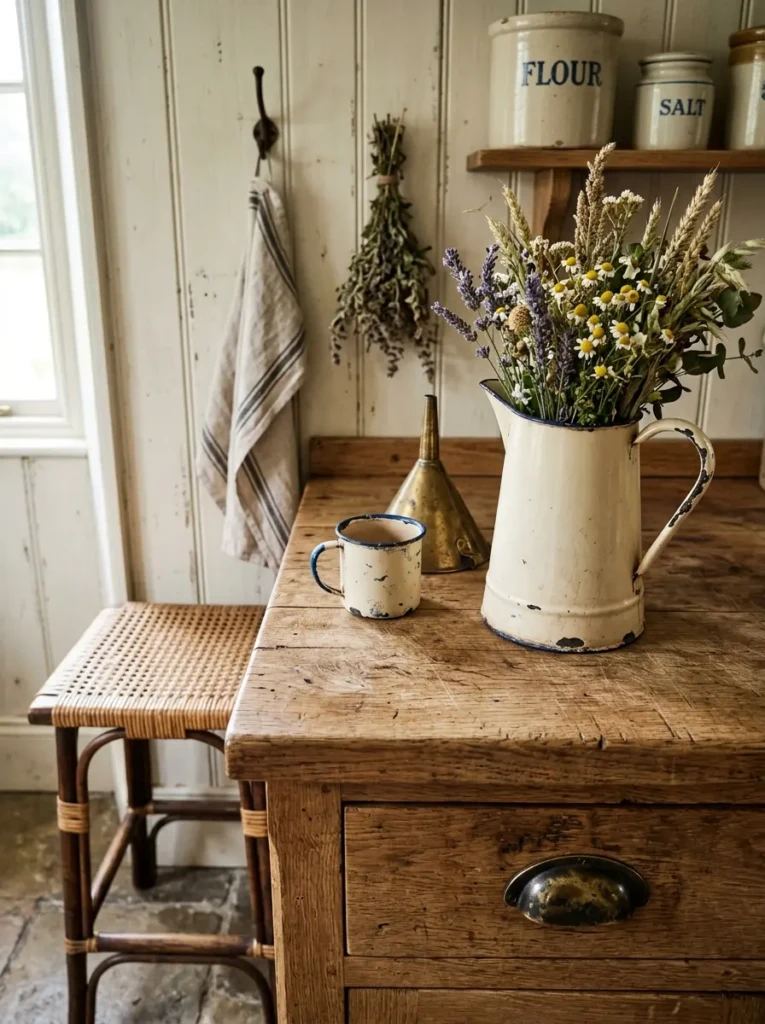 Close-up of chipped enamel, aged brass, woven cane, and raw wood textures in farmhouse kitchen decor.