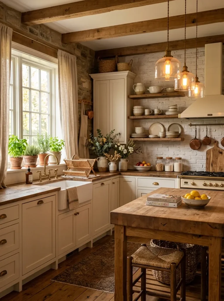 Beautiful farmhouse kitchen aesthetic with wood textures, soft lighting, and ceramic décor.
