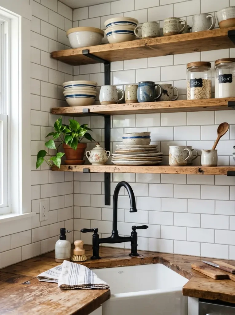 Close-up of white subway tile backsplash in a budget-friendly farmhouse kitchen.