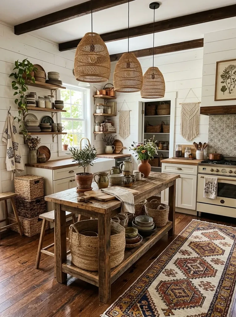 A farmhouse kitchen with woven pendants, patterned runner, earthy ceramics, and layered baskets.
