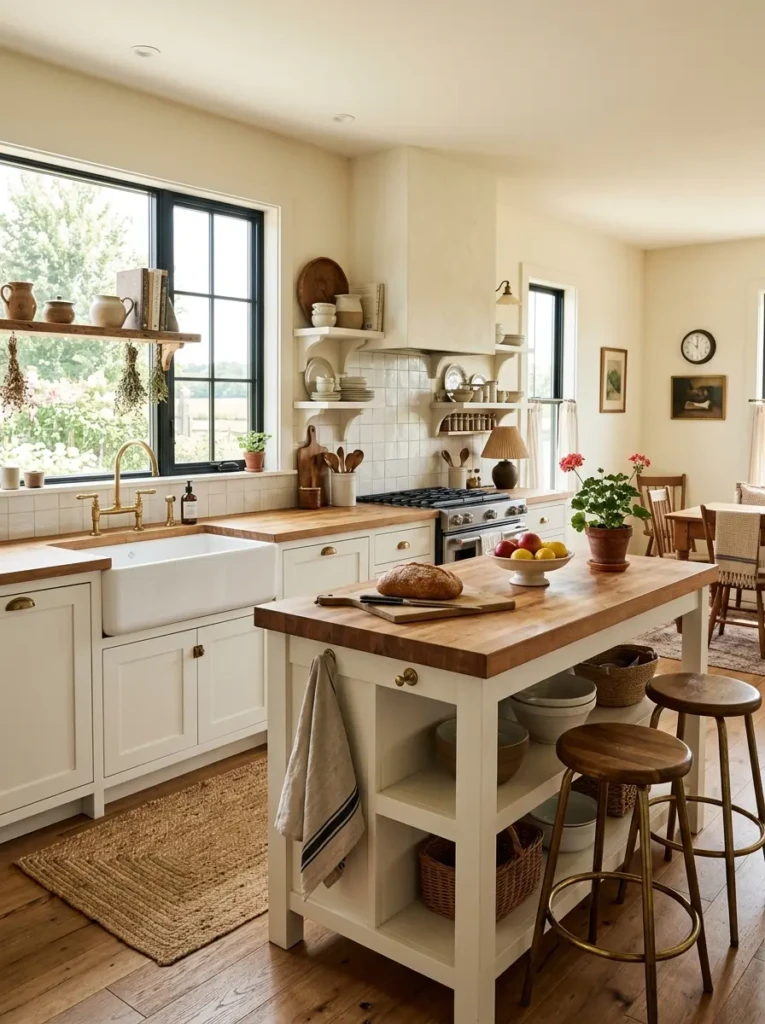 Affordable butcher block countertops in a small farmhouse kitchen with white cabinets.