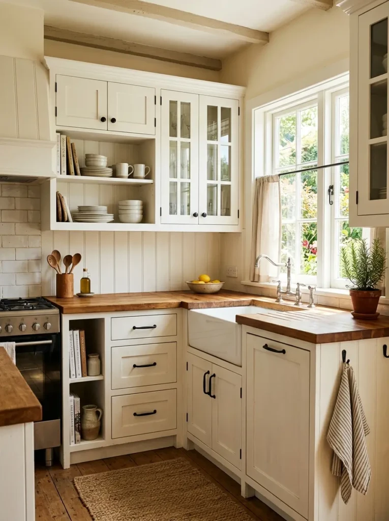 Small farmhouse kitchen cabinets painted soft white with black hardware in a budget makeover design.