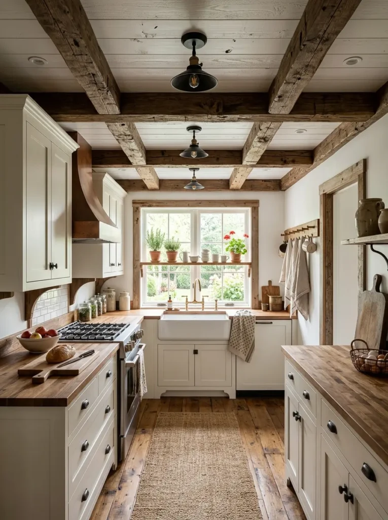 Rustic faux ceiling beams add warmth and timeless farmhouse character to a narrow galley kitchen with white walls.