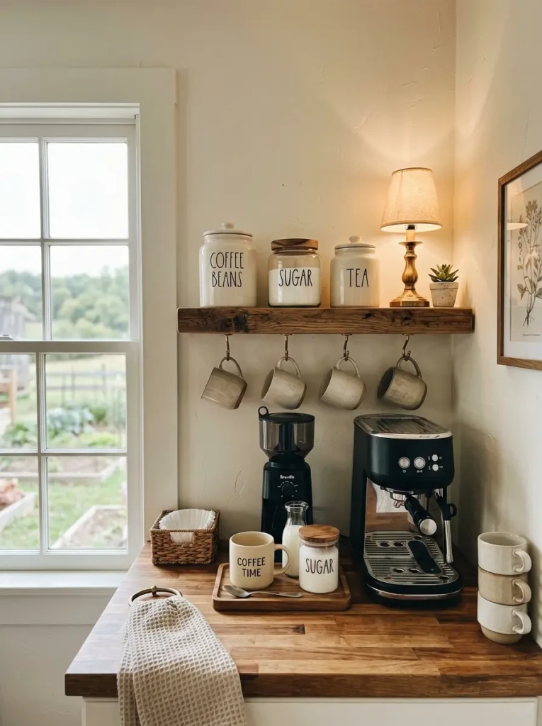 Compact farmhouse coffee station with floating shelf, ceramic canisters, labeled sugar jar, and mini lamp.