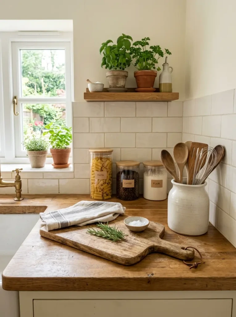 A clutter-free farmhouse kitchen counter with jars, utensil holder, and wooden cutting board.