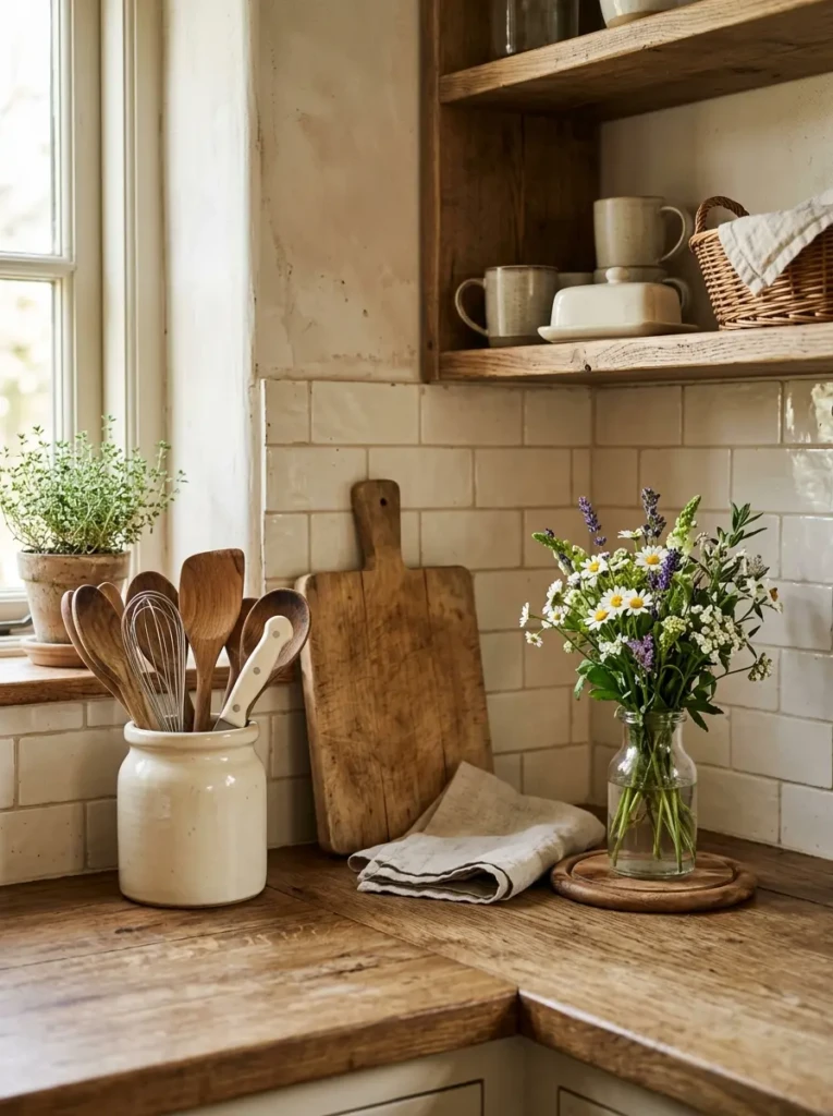 A small farmhouse kitchen countertop with ceramic utensil holder, wood board, and flower vase.