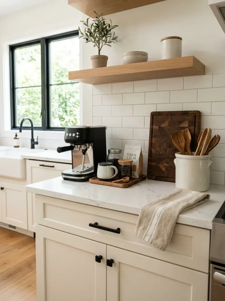 Clean quartz countertop with coffee setup, cutting board, and ceramic crock in small kitchen.