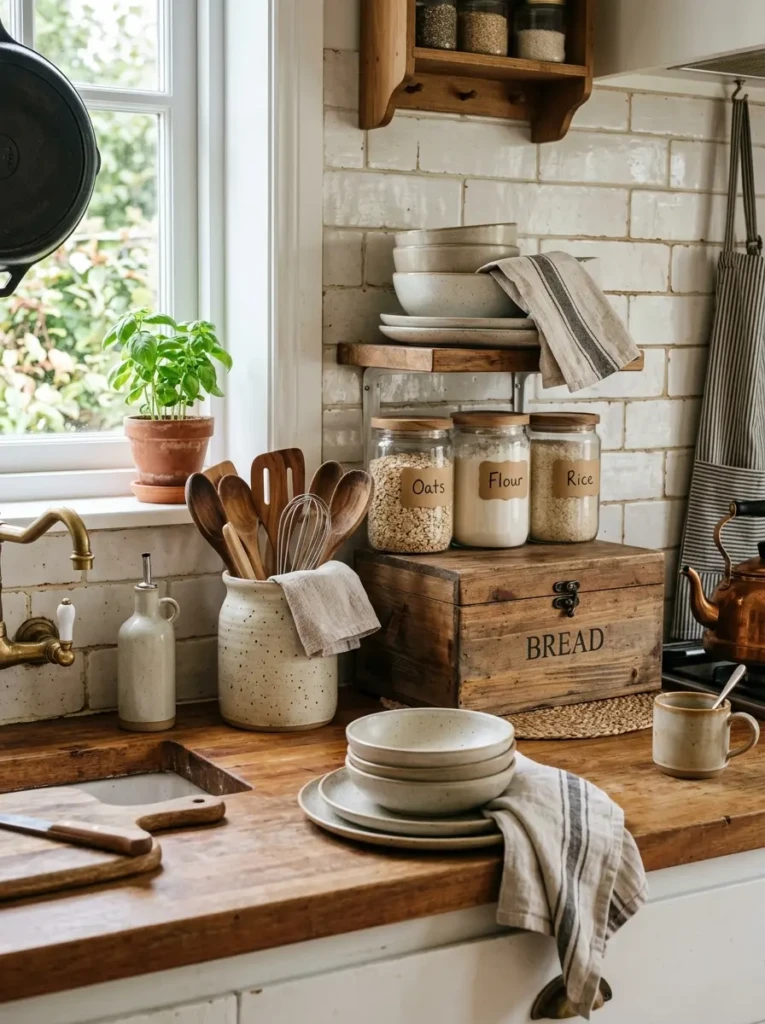 Small farmhouse kitchen countertop decorated with ceramic utensil holder, bread box, and glass jars.