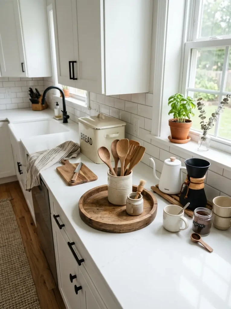 A clean white farmhouse kitchen countertop with bread box, coffee station, utensil holder, and wooden tray styling.