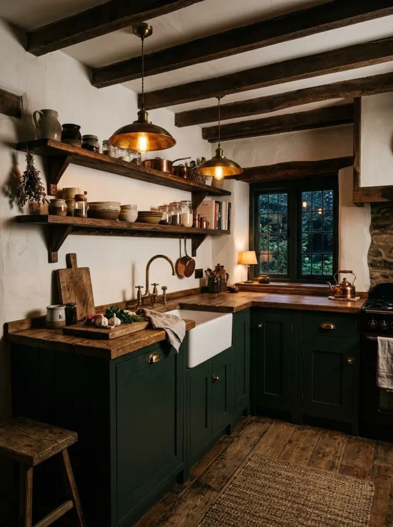 Small moody farmhouse kitchen with dark green cabinets, white walls, brass hardware, and warm wood shelves.