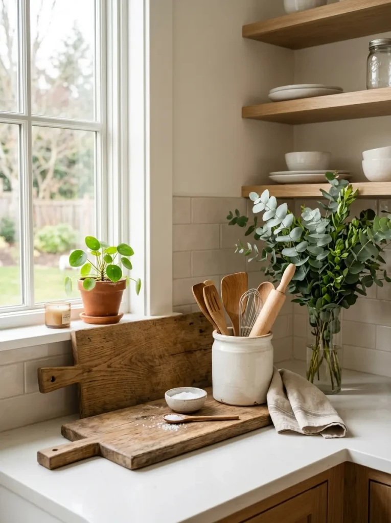 Wooden cutting board, ceramic crock, and eucalyptus vase on farmhouse counter.