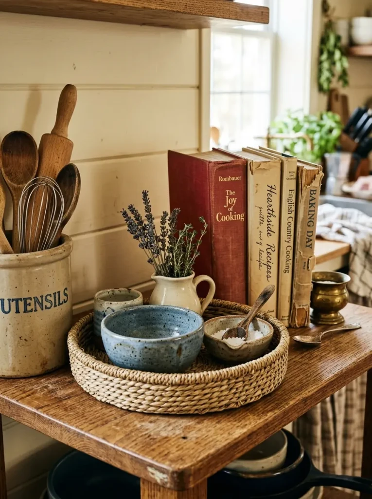 Handmade pottery, woven trays, and old cookbooks create cozy lived-in charm in a small farmhouse galley kitchen.