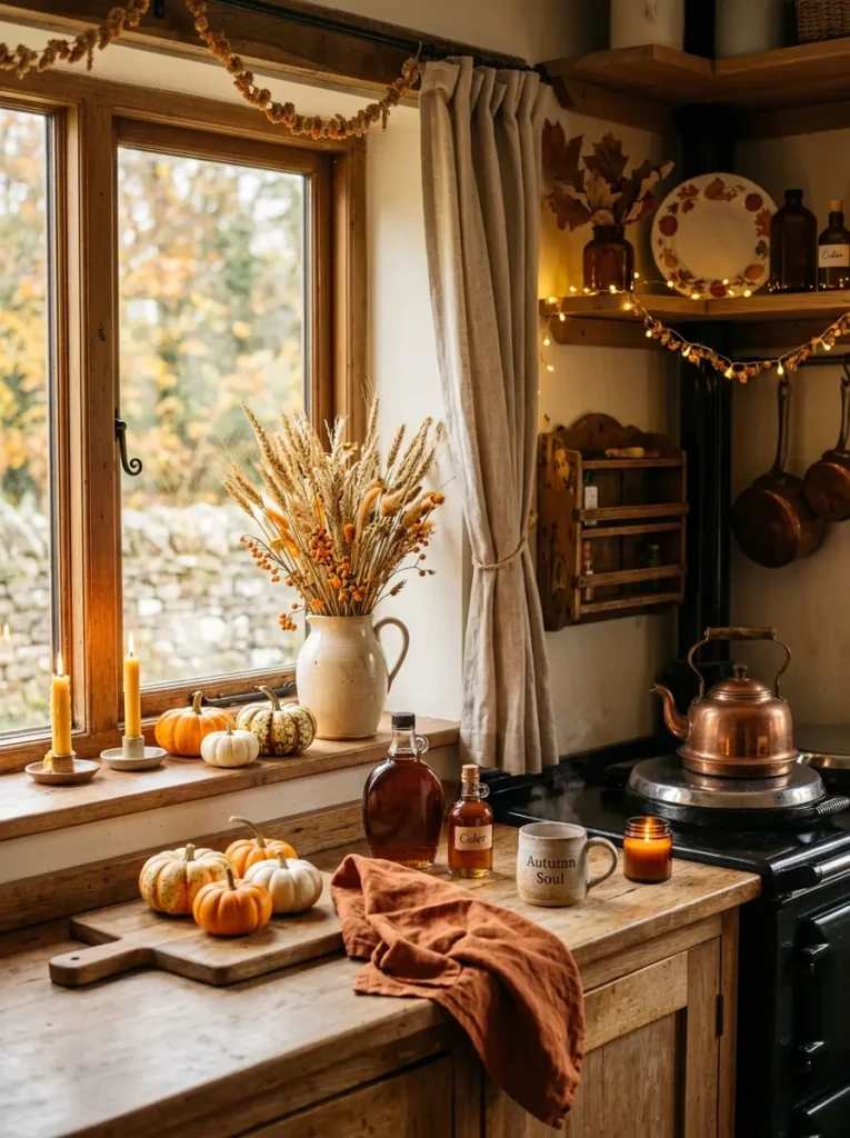 A small farmhouse kitchen styled with pumpkins, dried wheat, amber bottles, and autumn towels.
